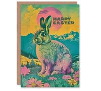 Artery8 Easter Card Bunny Psychedelic Colour Gradient Meadow For Her Gran Sister Niece Daughter Wife Woman Greeting Card