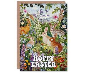 Artery8 Easter Card Hoppy Cute Bunny Rabbits in Flower Meadow For Her Gran Sister Niece Daughter Wife Woman Greeting Card