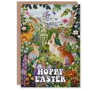 Artery8 Easter Card Hoppy Cute Bunny Rabbits in Flower Meadow Greeting Card in Green Artery8 Green