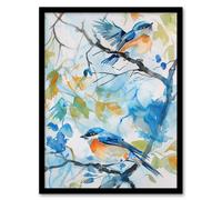 Artery8 Eastern Bluebirds in Tree Watercolour Bird Lover Framed Art Print in Blue | Size: W12" x H16" Artery8 Blue W12" x H16"