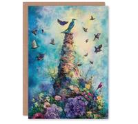 Artery8 Eden Ornamental Birds Flowers Colourful Abstract Greeting Card in Blue Artery8 Blue