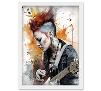 Artery8 Edgy Young Punk Woman with Mohawk and Electric Guitar Modern Watercolour Painting Artwork Framed Wall Art Print A4
