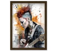 Edgy Young Punk Woman with Mohawk and Electric Guitar Modern Watercolour Painting Artwork Framed Wall Art Print A4 Artery8 Brown One Size