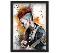 Artery8 Edgy Young Punk Woman with Mohawk & Electric Guitar Modern Watercolour Painting Artwork Framed Wall Art Print A4 in Black Artery8 Black