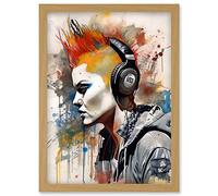 Artery8 Edgy Young Punk Woman with Red Mohawk and Headphones Listening to Music Modern Watercolour Painting Artwork Framed Wall Art Print A4