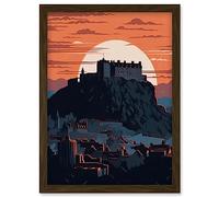 Artery8 Edinburgh Castle and Old Town Atmospheric Sunset Artwork Framed Wall Art Print A4