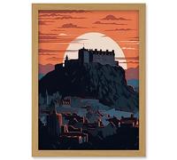 Edinburgh Castle and Old Town Atmospheric Sunset Artwork Framed Wall Art Print A4 Artery8 Light Oak One Size