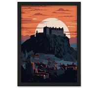 Artery8 Edinburgh Castle and Old Town Atmospheric Sunset Artwork Framed Wall Art Print A4