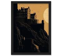 Artery8 Edinburgh Castle at Sunset Linocut Illustration Artwork Framed Wall Art Print A4