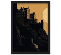 Edinburgh Castle at Sunset Linocut Illustration Artwork Framed Wall Art Print A4 Artery8 Black One Size