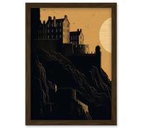 Edinburgh Castle at Sunset Linocut Illustration Artwork Framed Wall Art Print A4 Artery8 Brown One Size