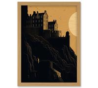 Edinburgh Castle at Sunset Linocut Illustration Artwork Framed Wall Art Print A4 Artery8 Light Oak One Size