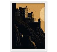 Edinburgh Castle at Sunset Linocut Illustration Artwork Framed Wall Art Print A4 Artery8 White One Size