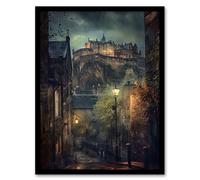 Edinburgh Castle Atmospheric Scotland Night Rain Framed Art Print Artery8 Brown W12 inch x H16 inch