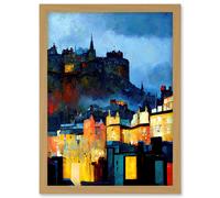Edinburgh Castle From Grassmarket Cityscape Modern Artwork Framed Wall Art Print A4 Artery8 Light Oak One Size