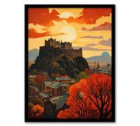 Edinburgh Castle Oil Painting Twilight In Autumn Cityscape Art Print Framed Poster Wall Decor Artery8 Black W12 inch x H16 inch