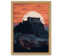 Edinburgh Castle and Old Town Atmospheric Sunset Artwork Framed Wall Art Print A4 Artery8 Light Oak One Size