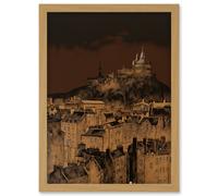 Edinburgh Castle Over Old Town Cityscape at Night Artwork Framed Wall Art Print A4 Artery8 Light Oak One Size