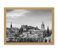 Edinburgh Castle Rooftops Black White Scotland A4 Artwork Framed Wall Art Print Artery8 Light Oak One Size