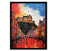 Artery8 Edinburgh Castle Vibrant Oil Painting Autumn Rain Cityscape Artwork Framed Wall Art Print A4