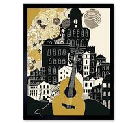 Artery8 Edinburgh Cityscape Fringe Festival Guitar Linocut Art Print Framed Poster Wall Decor 12x16 inch