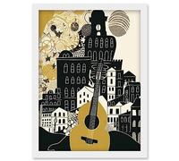 Artery8 Edinburgh Cityscape Fringe Festival Guitar Linocut Artwork Framed Wall Art Print A4