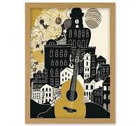 Artery8 Edinburgh Cityscape Fringe Festival Guitar Linocut Artwork Framed Wall Art Print A4