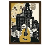 Artery8 Edinburgh Cityscape Fringe Festival Guitar Linocut Artwork Framed Wall Art Print A4