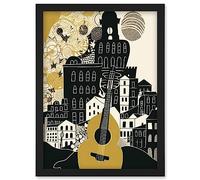 Artery8 Edinburgh Cityscape Fringe Festival Guitar Linocut Artwork Framed Wall Art Print A4