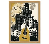 Edinburgh Cityscape Fringe Festival Guitar Linocut Artwork Framed Wall Art Print A4 Artery8 Light Oak One Size
