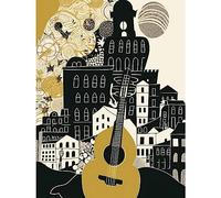 Artery8 Edinburgh Cityscape Fringe Festival Guitar Linocut Large Wall Art Poster Print Thick Paper 18X24 Inch