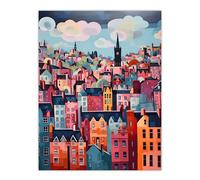 Wall Art Print Edinburgh Cityscape Stylised Oil Painting Pink Blue Cloudy Scottish City Skyline Poster Artery8 Multi W24 inch x H32 inch
