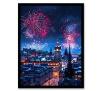 Artery8 Edinburgh Fireworks Night Magical Cityscape Framed Art Print in Blue | Size: A4 Artery8 Blue A4