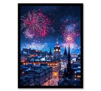 Artery8 Edinburgh Fireworks Night Magical Cityscape Living Room Art Print Framed Poster Wall Decor 12x16 inch