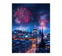 Edinburgh Fireworks Night Magical Cityscape Wall Art Print Artery8 Blue W18 inch x H24 inch