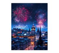 Edinburgh Fireworks Night Magical Cityscape Wall Art Print Artery8 Blue W18 inch x H24 inch