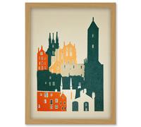 Artery8 Edinburgh Old Town Retro Street Illustration Artwork Framed Wall Art Print A4 in Light Oak Artery8 Light Oak