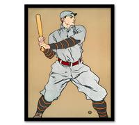 Artery8 Edward Penfield Framed Wall Art Print Vintage Baseball Player Drawing in Beige | Size: A4 Artery8 Beige A4