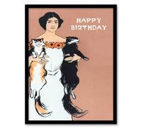 Artery8 Edward Penfield Framed Wall Art Print Woman Holding Two Cats Drawing in Pink | Size: A4 Artery8 Pink A4