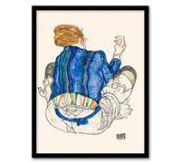 Artery8 Egon Schiele Framed Wall Art Print Seated Woman Back View Painting in Blue | Size: A4 Artery8 Blue A4