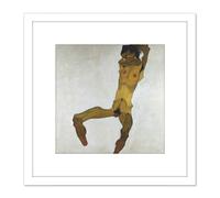 Artery8 Egon Schiele Seated Male Nude Self Portrait 8X8 Inch Square Wooden Framed Wall Art Print Picture with Mount in White Artery8 White