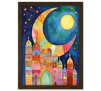 Artery8 Eid Crescent Moon Cityscape Folk Art Watercolour Painting Artwork Framed A3 Wall Art Print