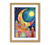 Artery8 Eid Crescent Moon Cityscape Folk Art Watercolour Painting Artwork Framed Wall Art Print 18X24 Inch