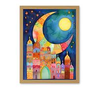 Artery8 Eid Crescent Moon Cityscape Folk Art Watercolour Painting Artwork Framed Wall Art Print 18X24 Inch