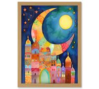 Artery8 Eid Crescent Moon Cityscape Folk Art Watercolour Painting Artwork Framed Wall Art Print A4 in Light Oak Artery8 Light Oak
