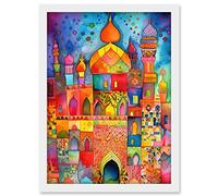 Artery8 Eid Dates Mosque Temple Folk Art Watercolour Painting Artwork Framed A3 Wall Art Print