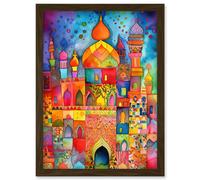 Artery8 Eid Dates Mosque Temple Folk Art Watercolour Painting Artwork Framed Wall Art Print A4 in Brown Artery8 Brown