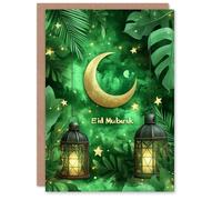 Artery8 Eid Mubarak Crescent Moon Lanterns Green Plants Eid al-Fitr Card Artery8 Green