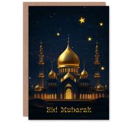 Artery8 Eid Mubarak Greeting Card Gold Mosque Under Night Sky Stars Blank For Him Or Her Art Eid al-Fitr Card