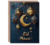 Artery8 Eid Mubarak Greeting Card Gold Blue Decorative Lanterns Moon Blank For Him Or Her Art Eid al-Fitr Card